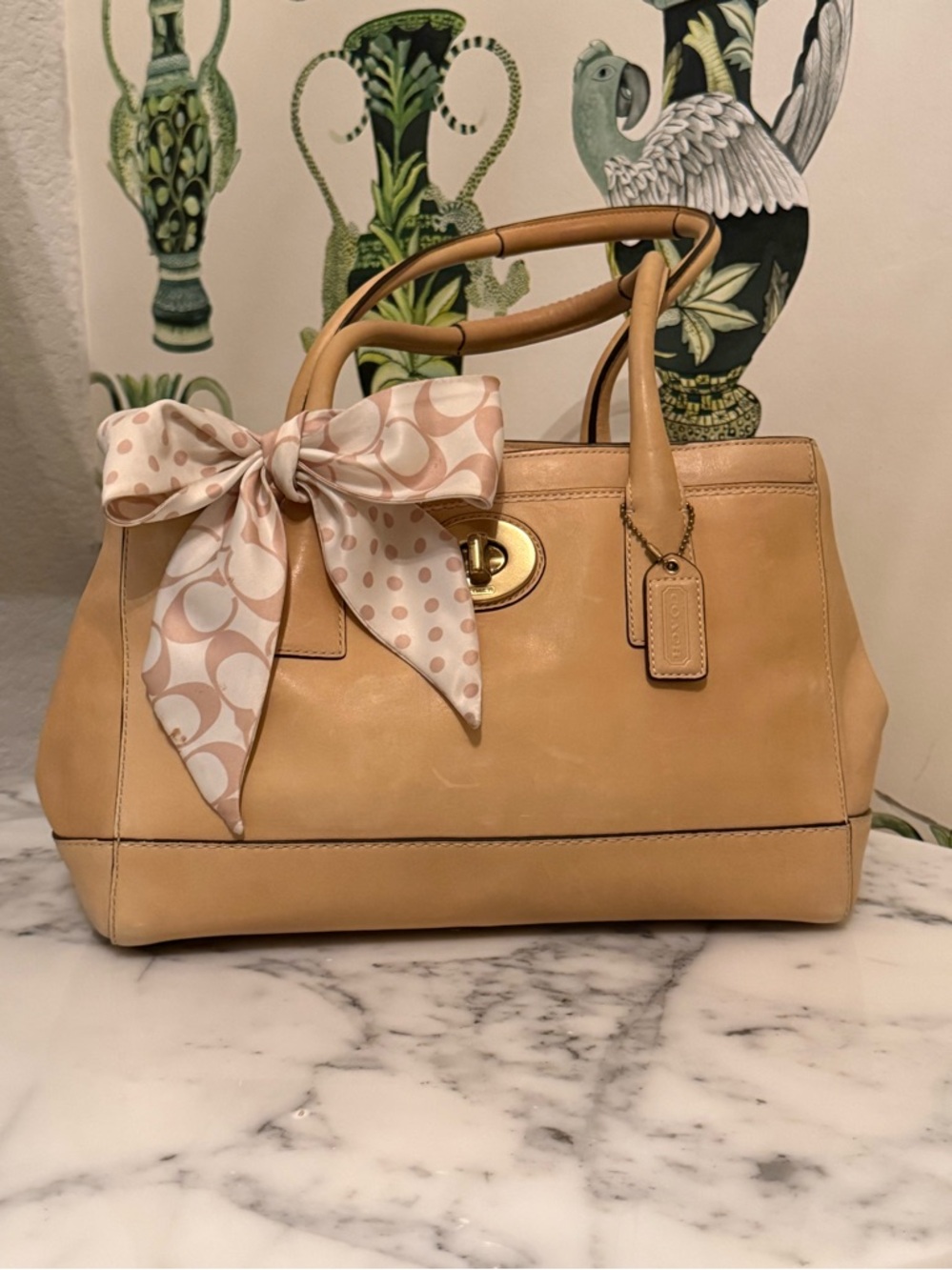 Coach Madeline Large Satchel. Smooth Blond Leather and Signature Scarf